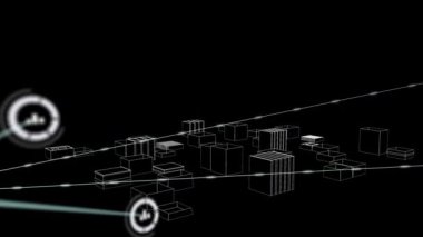 3D şehir çizimleri üzerindeki simgelerle bağlantı ağının animasyonu. küresel mimari, bağlantılar, dijital arayüz ve teknoloji konsepti dijital olarak oluşturulmuş video.