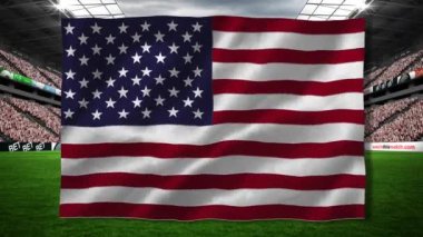 Stadyumun üzerinde Amerikan bayrağı sallamanın kompozisyonu. Vatanseverlik, bağımsızlık ve kutlama konsepti dijital olarak oluşturulmuş imaj.