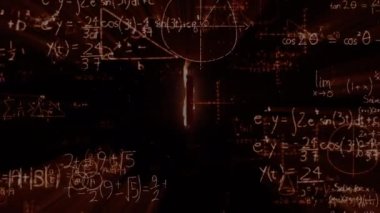 Matematiksel denklemlerin alevler üzerinde canlandırılması. küresel eğitim, bilim, dijital arayüz ve dijital olarak üretilen video konsepti.