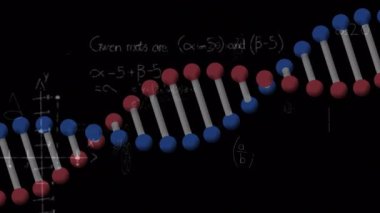 DNA ipliği üzerinde matematiksel denklemlerin animasyonu. küresel eğitim, bilim, dijital arayüz ve dijital olarak üretilen video konsepti.