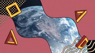 Dünya üzerindeki soyut retro şekillerin animasyonu. küresel bağlantılar, dijital arayüz ve teknoloji konsepti dijital olarak oluşturulmuş video.