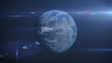 Veri işleme ve dünya üzerinde parlayan ışık izlerinin animasyonu. küresel ağlar, dijital arayüz ve teknoloji konsepti dijital olarak oluşturulmuş video.