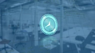 Boş ofis üzerinde saat ve veri işleme animasyonu. küresel iş, dijital arayüz, teknoloji ve ağ konsepti dijital olarak oluşturulmuş video.
