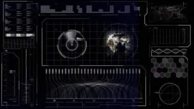 Koyu arkaplandaki saat ve istatistik işlemlerinin animasyonu. business, data işleme, bağlantı, teknoloji ve dijital arayüz kavramı dijital olarak oluşturulmuş video.