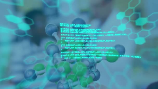 Chemische Structuren Gegevensverwerking Tegen Meisje Met Moleculaire Structuur Model Het — Stockvideo