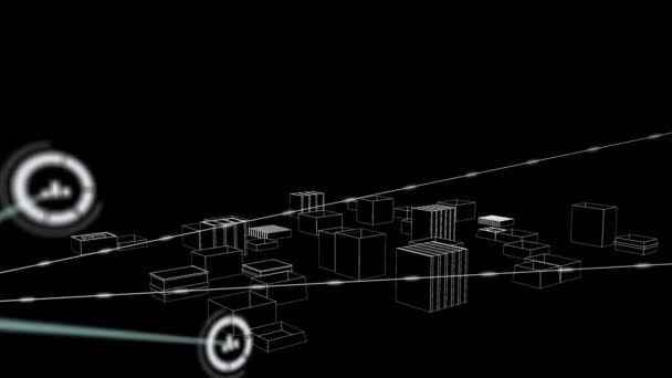 Şehir Çizimleri Üzerindeki Simgelerle Bağlantı Ağının Animasyonu Küresel Mimari Bağlantılar — Stok video
