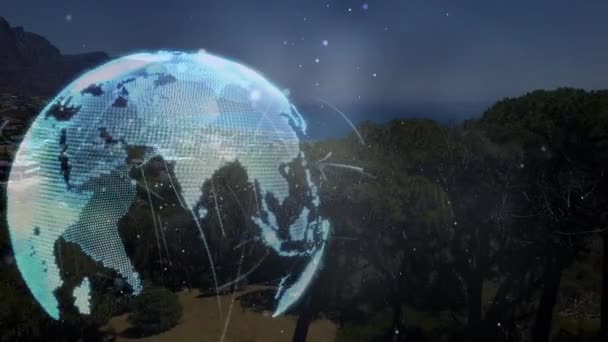 Анимация Земного Шара Сетью Соединений Над Ландшафтом Глобальный Цифровой Интерфейс — стоковое видео