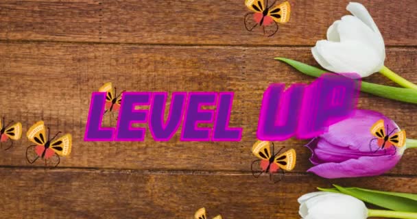 Animation Pink Purple Text Level Butterflies Tulips Wood Positive Communication — Stock Video