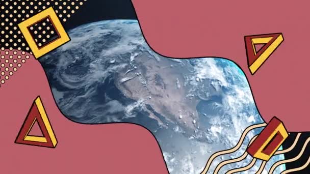 Animación Formas Retro Abstractas Sobre Planeta Tierra Conexiones Globales Interfaz — Vídeo de stock