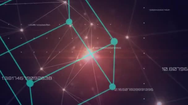 複数の変化する数字と赤の背景に対する接続のネットワークのデジタルアニメーション 世界的なネットワーキングとテクノロジーの概念 — ストック動画
