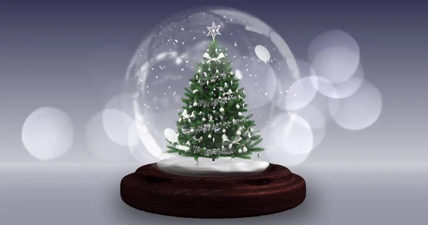 Εικόνα Από Χιονόμπαλα Χριστουγεννιάτικο Δέντρο Πεφταστέρι Και Κομφετί Πολλαπλές Κηλίδες — Φωτογραφία Αρχείου