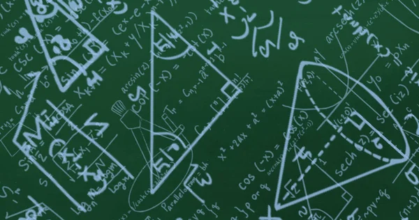Bild Der Blauen Mathematischen Formeln Und Geometrischen Zeichnungen Auf Grün — Stockfoto