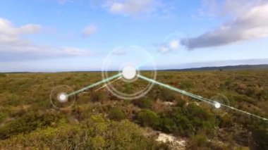 Manzara üzerindeki simgelerle bağlantılı ağların animasyonu. küresel bağlantılar, iş dünyası, dijital arayüz, teknoloji ve ağ konsepti dijital olarak oluşturulmuş video.