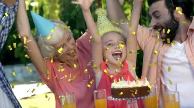 Doğum günü partisinde aile yerine konfeti animasyonu. parti, çocukluk ve kutlama konsepti dijital olarak oluşturulmuş video.