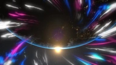 Dünya üzerinde parlayan ışık izlerinin animasyonu. küresel ağlar, dijital arayüz ve teknoloji konsepti dijital olarak oluşturulmuş video.