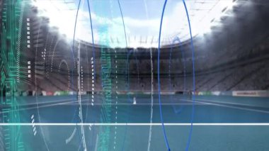 Güvenli kilit ile dijital arayüzün animasyonu açık tenis kortunda dönüyor. dijital veri güvenliği teknolojisi ve spor konsepti dijital olarak oluşturulmuş animasyon.