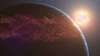 Dünya üzerinde parlayan ışık izlerinin animasyonu. küresel ağlar, dijital arayüz ve teknoloji konsepti dijital olarak oluşturulmuş video.