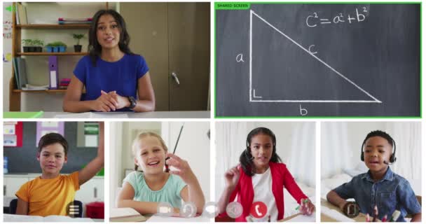 Animation Six Écrans Enfants Divers Professeur Tableau Lors Cours Mathématiques — Video