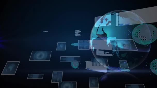 Анимация Обработки Данных Скопы Просматривают Экраны Глобус Глобальные Соединения Обработка — стоковое видео