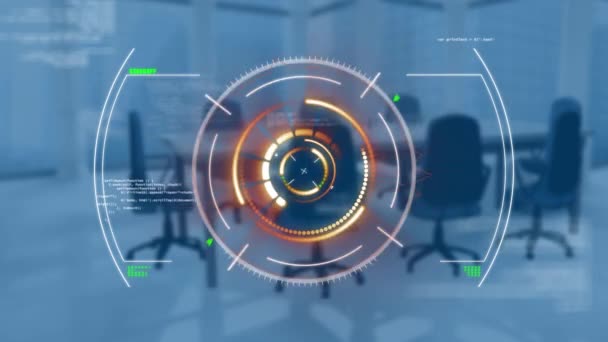 Animatie Van Scope Scanning Gegevensverwerking Leeg Kantoor Mondiaal Business Digitale — Stockvideo