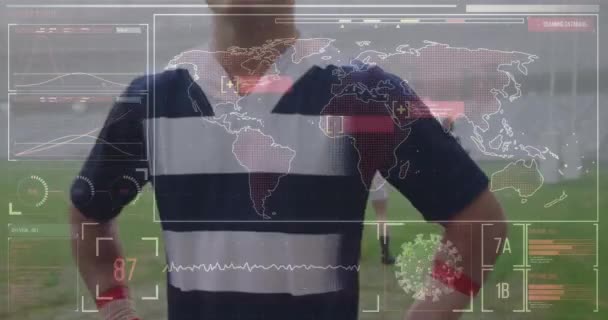 通过Rugby播放器与Covid 19医疗数据处理动画数字接口 医学研究技术与体育概念数码动画 — 图库视频影像