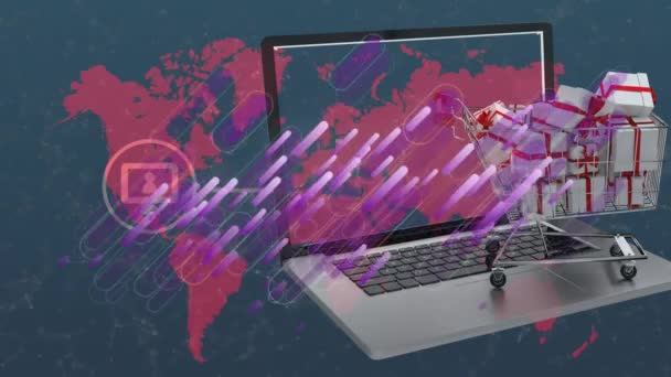 Animazione Del Carrello Della Spesa Laptop Reti Sulla Mappa Del — Video Stock