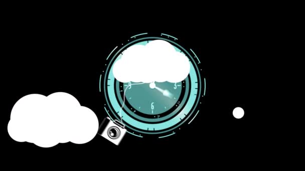 Анимация Белых Облаков Висячими Медиаиконками Поверх Часов Движущимися Руками Черном — стоковое видео