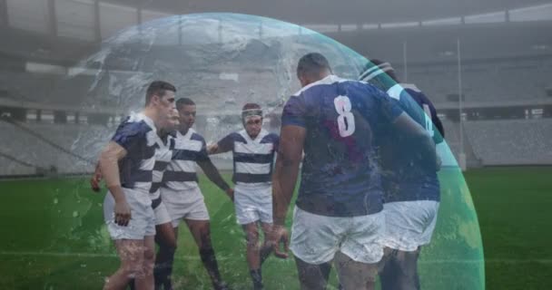 Animazione Del Globo Con Elaborazione Dati Giocatori Rugby Tecnologia Ricerca — Video Stock