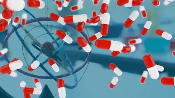 Mehrere Medizinische Pillen Die Labor Gegen Das Modell Der Armillarsphäre — Stockvideo