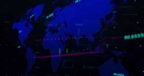 Animation Von Statistiken Und Zahlen Verarbeitung Von Finanzdaten Über Weltkarte — Stockvideo