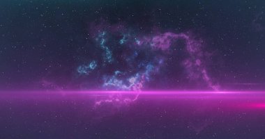 Geceleri gökyüzündeki yıldızların üzerinde fırtınalı pembe duman bulutlarıyla hipnotik hareketlerle hareket eden parlak pembe ışık izi. Işık rengi ve hareket kavramı dijital olarak oluşturuldu.