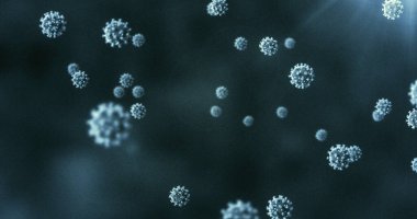 Mavi ve siyah arka planda makro Covid-19 hücreleri. Küresel salgın koronavirüs Covid 19 salgın konsepti dijital olarak oluşturulmuş görüntü