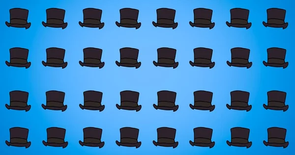 黑色顶帽的组成以蓝色为背景 一排排重复 美容美发及配饰背景图案概念数码动画 — 图库照片