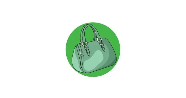 緑の円で緑のハンドバッグの組成 白の背景に ファッション アクセサリーのコンセプトデジタル画像 — ストック写真