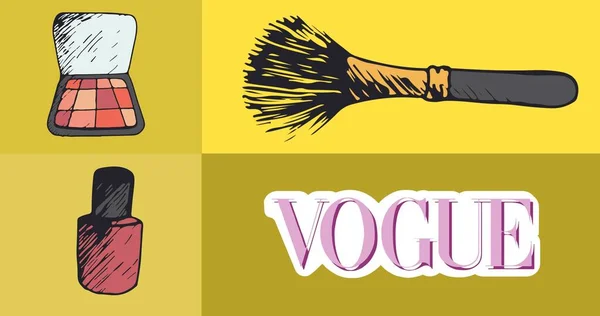 Composição Logotipo Moda Texto Acessórios Maquiagem Quatro Tons Fundo Amarelo — Fotografia de Stock