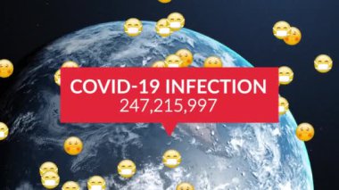 Covid 19 veri işleme animasyonu ve dünyanın her yerinde yüz maskeleri olan birden fazla hasta emoji. küresel covid 19 salgın konsepti dijital olarak oluşturulmuş video.