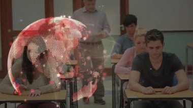 Öğretmenler ve öğrenciler arasında bağlantı ağı ile parlayan dünyanın animasyonu. küresel iletişim, okul, eğitim ve öğrenim konsepti dijital olarak oluşturulmuş video.