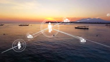 Gölde gün batımında ikonlarla olan bağlantılar. bağlantı, teknoloji ve dijital arayüz kavramı dijital olarak oluşturulmuş video.