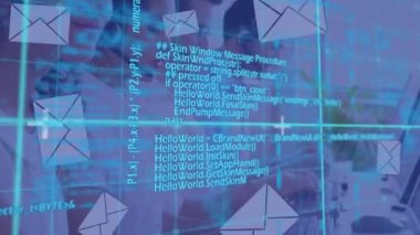 Telefon kulaklığı kullanan iş adamlarının veri işleme animasyonu. küresel iş, veri işleme, dijital arayüz ve teknoloji konsepti dijital olarak oluşturulmuş video.