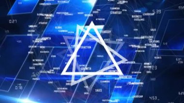 Mavi arkaplan üzerinde dönen üçgenlerle bağlantı ağının animasyonu. bağlantı, teknoloji ve dijital arayüz kavramı dijital olarak oluşturulmuş video.