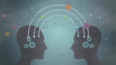 Yüzen matematiksel denklemlere karşı iki insan yüzü modelini paylaşan birden fazla dijital simge. iş fikri ve teknoloji kavramı