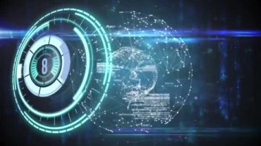 Koyu arkaplandaki saat ve istatistik işlemlerinin animasyonu. business, data işleme, bağlantı, teknoloji ve dijital arayüz kavramı dijital olarak oluşturulmuş video.