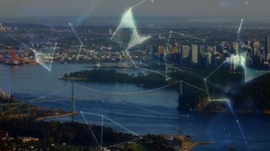 Şehir manzarası üzerinden dünya ile bağlantı ağının animasyonu. bağlantı, teknoloji ve dijital arayüz kavramı dijital olarak oluşturulmuş video.