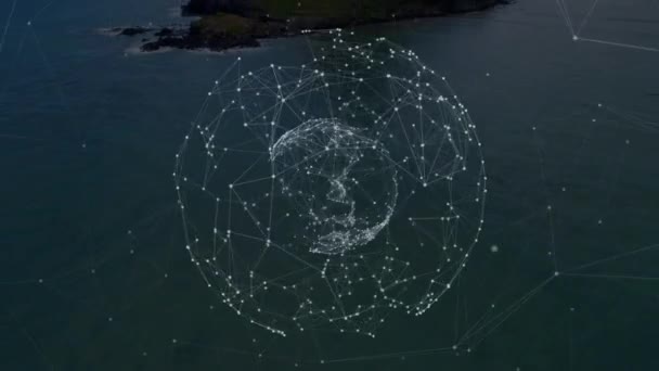 Animação Globo Com Rede Conexões Sobre Ilha Rochosa Mar Conceito — Vídeo de Stock