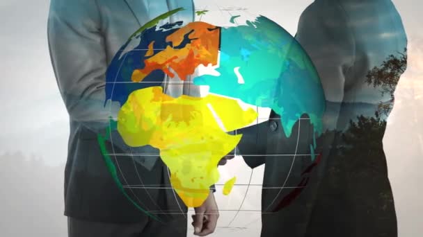 Animação Globo Sobre Pessoas Negócios Apertando Mãos Negócio Sucesso Conexão — Vídeo de Stock