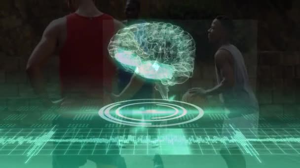 Animación Del Cerebro Humano Girando Procesamiento Datos Sobre Juego Baloncesto — Vídeos de Stock