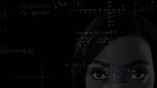 Κινούμενα Σχέδια Μαθηματικών Εξισώσεων Πάνω Από Γυναίκα Παγκόσμια Εκπαίδευση Επιστήμη — Αρχείο Βίντεο