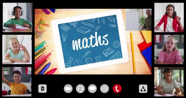 Animation Interface Screen Text Maths Teacher Six Diverse Children Online — Stock Video