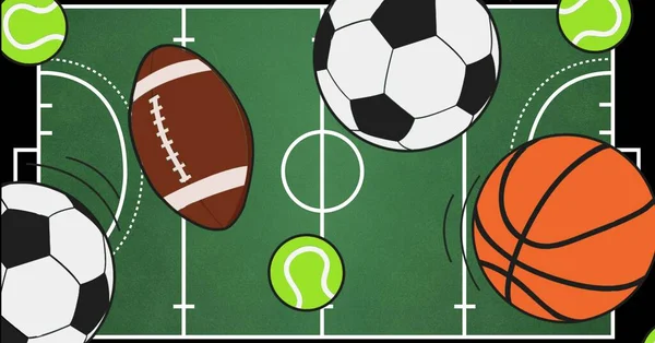 Digitally Generated Image Multiple Sports Balls Icons Sports Field Layout — Stock Photo, Image