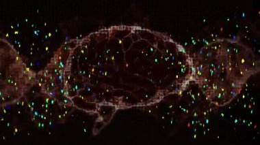 Renkli konfetilerin siyah arka plana düşmesiyle dönen beyin animasyonu. tıbbi araştırma, kutlama, parti, enerji ve olay konsepti dijital olarak oluşturulmuş video.